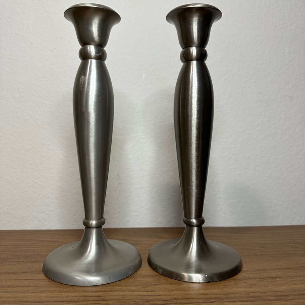 Restoration Hardware Silver/Brushed Nickel  Metal Taper Candle Holders Set of 2